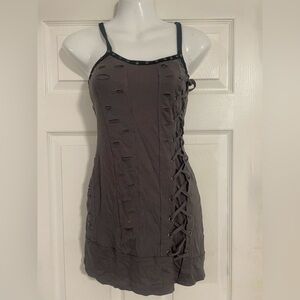 Gray Distressed Lace-Up Tank Top